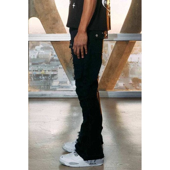 First Row Premium Men's Long Denim Cargo Flare Fringe Stack Jeans with Stylish - Picture 7 of 9